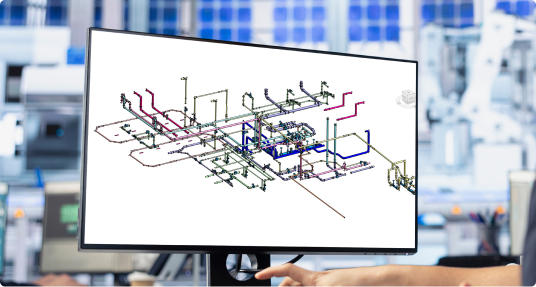 A person interacts with a computer screen displaying a technical 3D schematic. The background shows a blurred, modern industrial workspace.