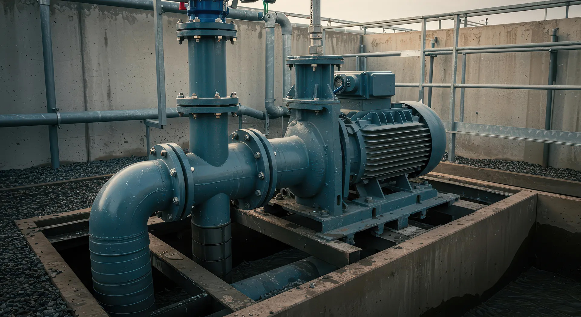 Industrial pump and motor system connected to large blue pipes inside a concrete water treatment facility.