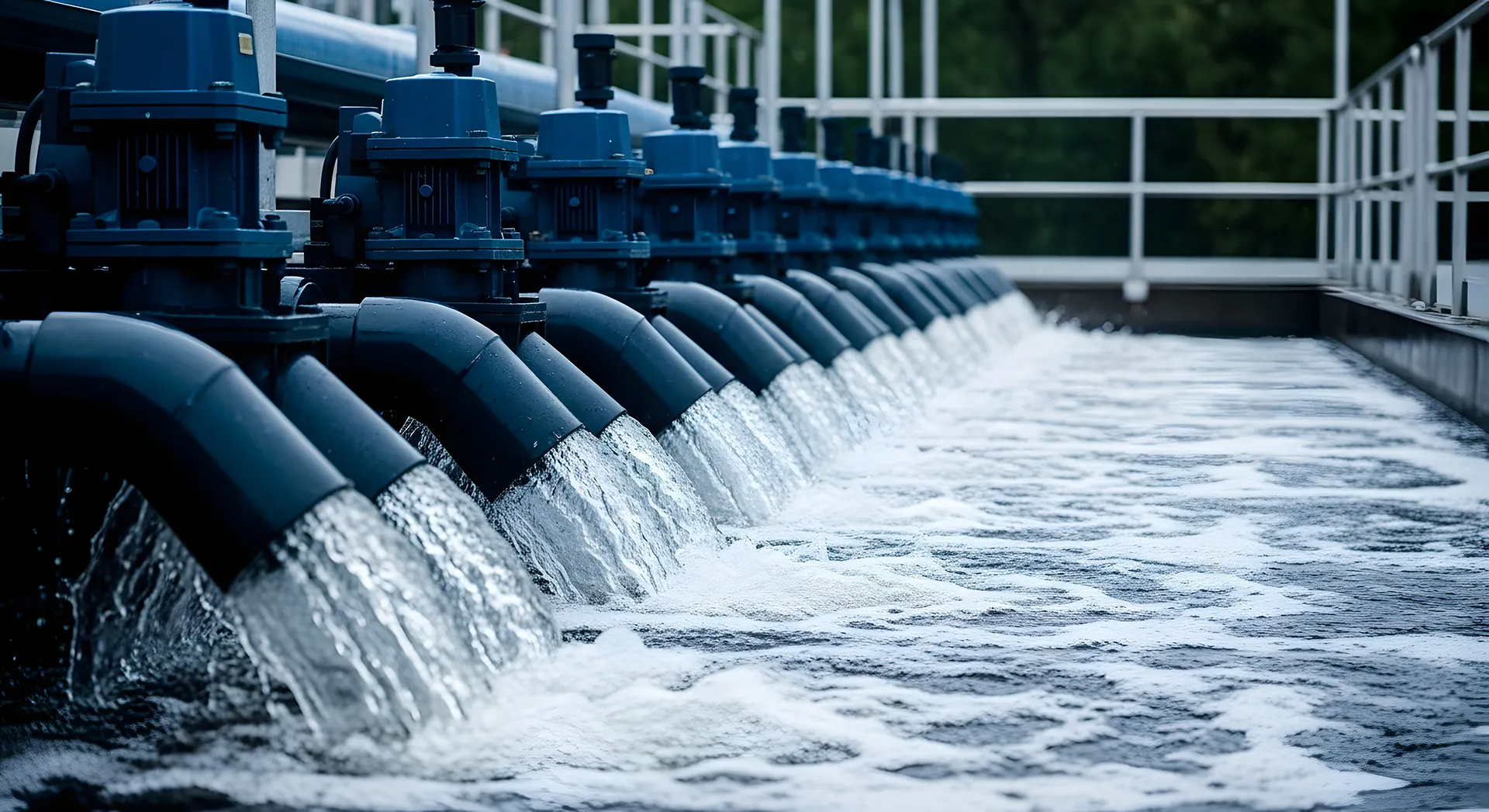 Row of blue industrial pumps discharging water into a treatment basin with foam on the surface.